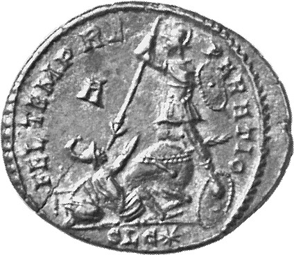 RIC VIII Lugdunum 102 Constans reverse, Soldier, helmeted, draped, cuirassed, advancing left, spearing fallen horseman wit...