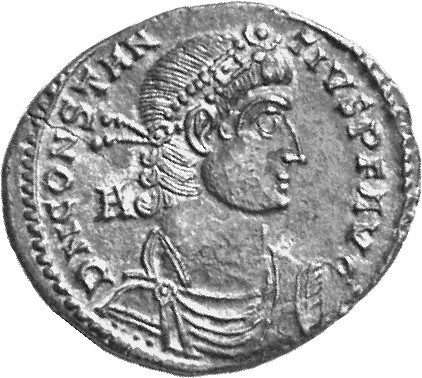 RIC VIII Lugdunum 102 Constans obverse, Bust of Constantius II, rosette-diademed, draped, cuirassed, right; A behind bust