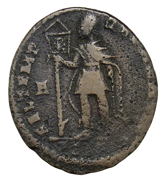 RIC VIII Lugdunum 108 Magnentius reverse, Magnentius, draped, cuirassed, standing left, holding a standard with ☧ on banne...