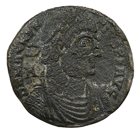 RIC VIII Lugdunum 108 Magnentius obverse, Bust of Magnentius, rosette-diademed, draped, cuirassed, right; A behind bust