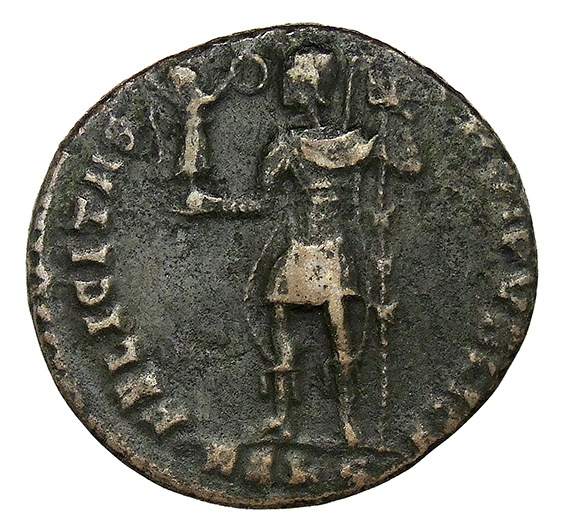 RIC VIII Lugdunum 112 Magnentius reverse, Magnentius, draped, cuirassed, standing left, holding Victory on globe in right ...