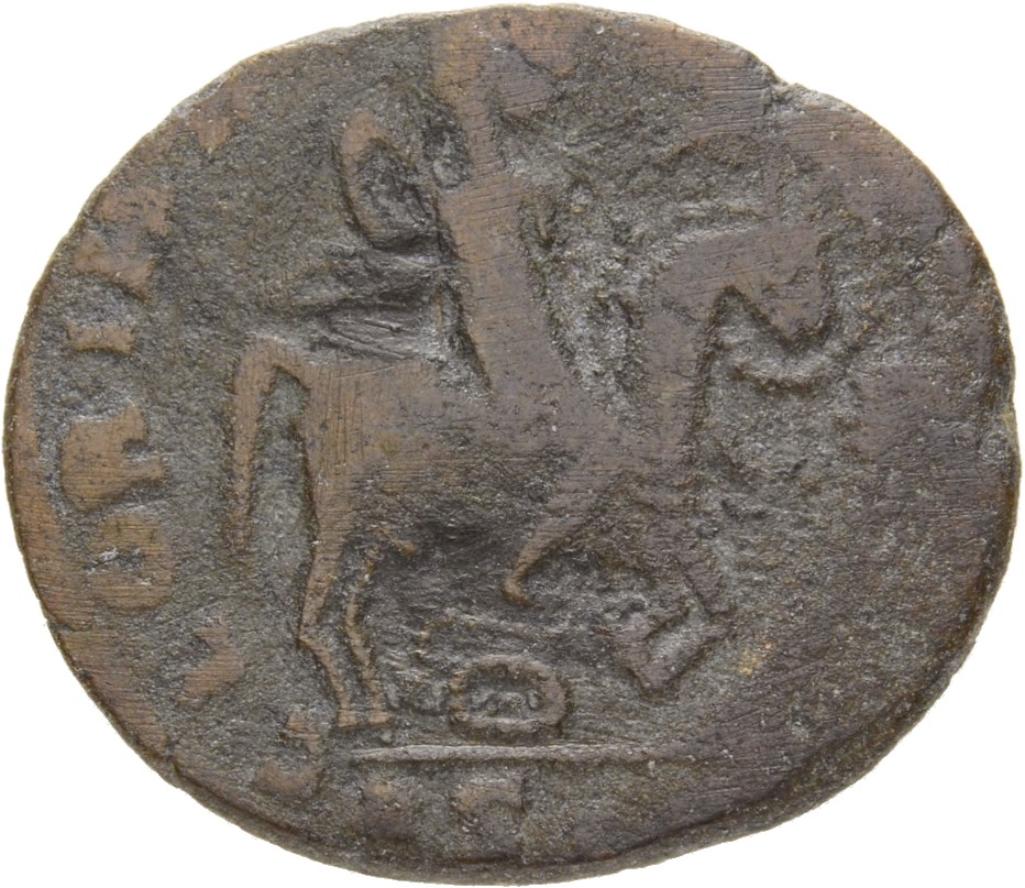 RIC VIII Lugdunum 115 Magnentius reverse, Magnentius, draped, cuirassed, galloping right, spearing barbarian with right ha...