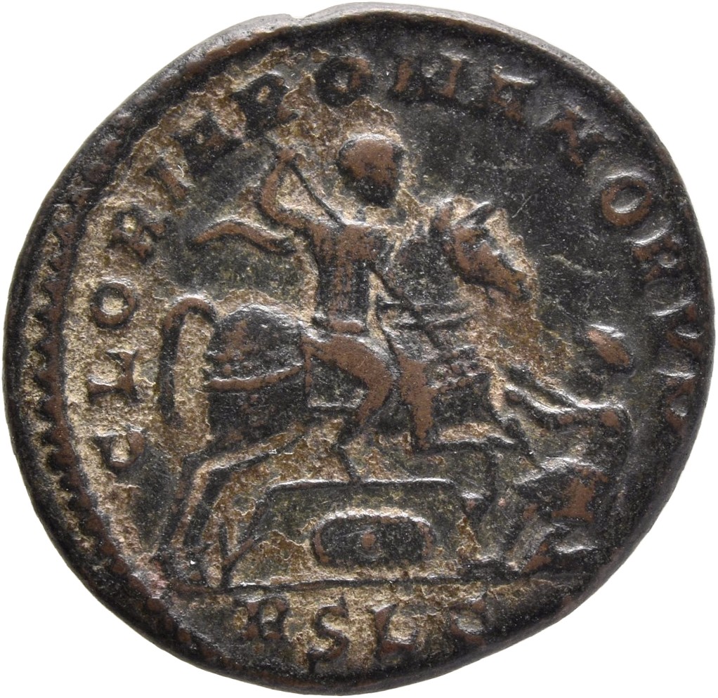 RIC VIII Lugdunum 115 Magnentius reverse, Magnentius, draped, cuirassed, galloping right, spearing barbarian with right ha...