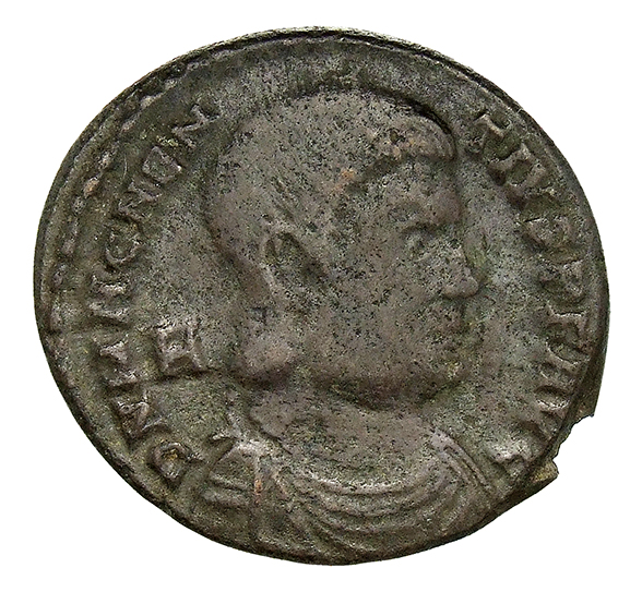 RIC VIII Lugdunum 116 Magnentius obverse, Bust of Magnentius, bareheaded, draped, cuirassed, right; A behind bust