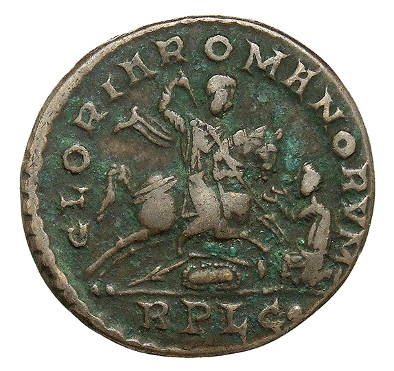 RIC VIII Lugdunum 116 Magnentius reverse, Magnentius, draped, cuirassed, galloping right, spearing barbarian with right ha...