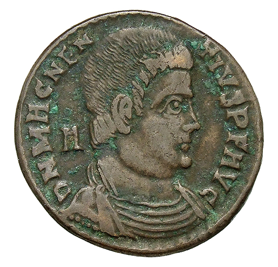 RIC VIII Lugdunum 116 Magnentius obverse, Bust of Magnentius, bareheaded, draped, cuirassed, right; A behind bust