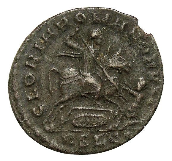 RIC VIII Lugdunum 116 Magnentius reverse, Magnentius, draped, cuirassed, galloping right, spearing barbarian with right ha...