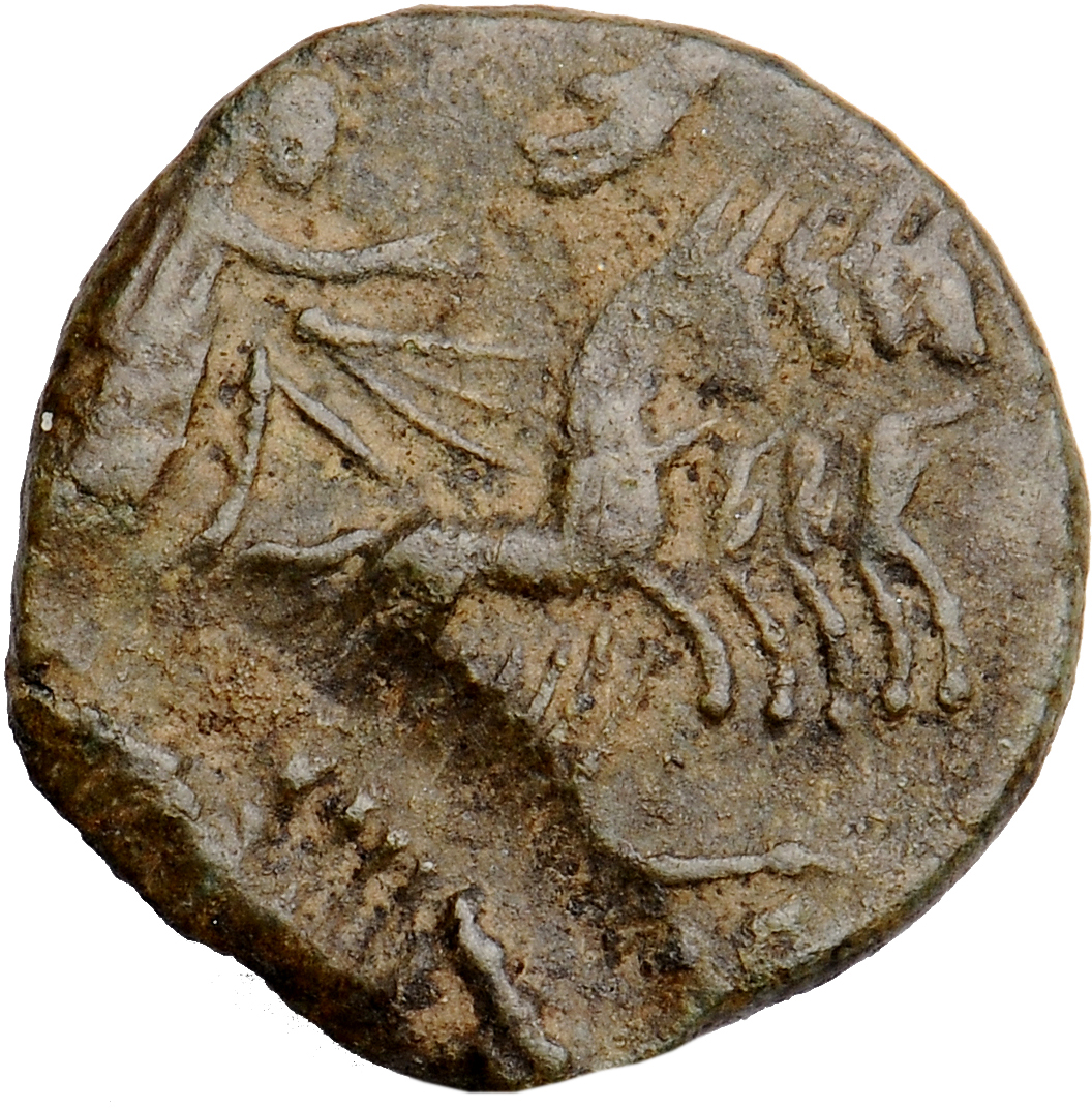 RIC VIII Lugdunum 12 Constantine II reverse, Constantine I, veiled, draped, riding right in quadriga; Hand of God reaches ...