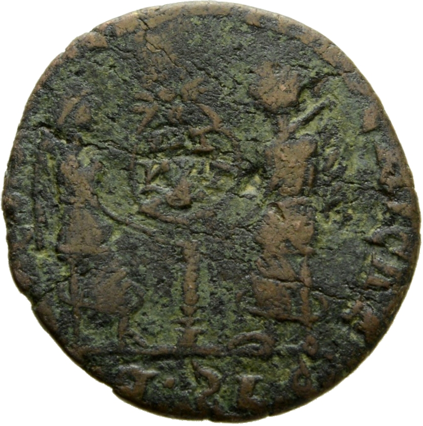 RIC VIII Lugdunum 121 Magnentius reverse, Two Victories, winged, draped, standing facing each other, holding between them ...