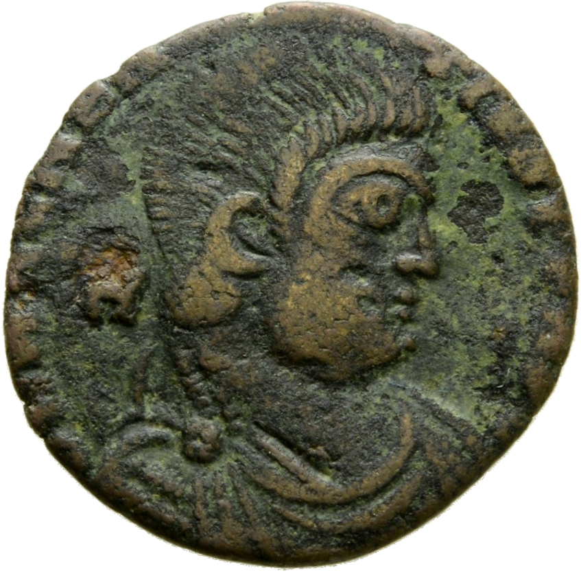 RIC VIII Lugdunum 121 Magnentius obverse, Bust of Magnentius, bareheaded, draped, cuirassed, right; A behind bust