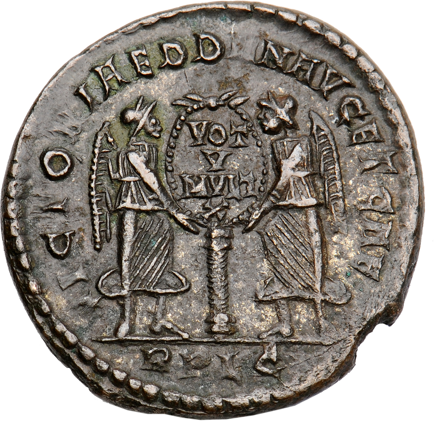 RIC VIII Lugdunum 121 Magnentius reverse, Two Victories, winged, draped, standing facing each other, holding between them ...