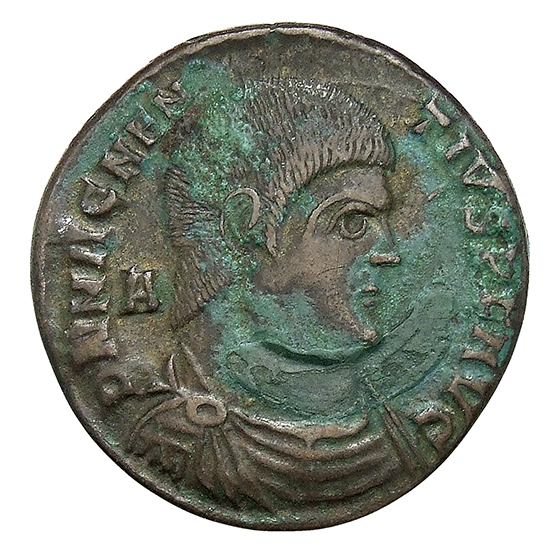 RIC VIII Lugdunum 123 Magnentius obverse, Bust of Magnentius, bareheaded, draped, cuirassed, right; A behind bust