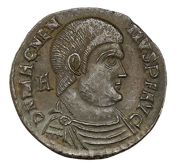 RIC VIII Lugdunum 126 Magnentius obverse, Bust of Magnentius, bareheaded, draped, cuirassed, right; A behind bust