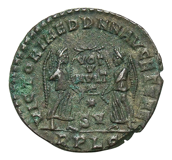 RIC VIII Lugdunum 133 Magnentius reverse, Two Victories, winged, draped, standing facing each other, holding between them ...