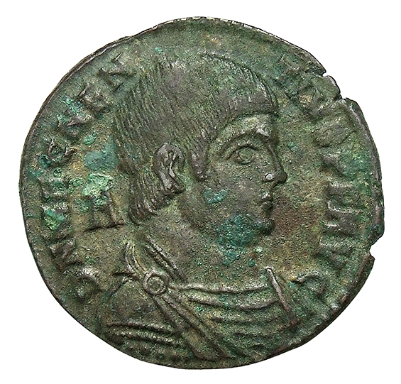 RIC VIII Lugdunum 133 Magnentius obverse, Bust of Magnentius, bareheaded, draped, cuirassed, right; A behind bust