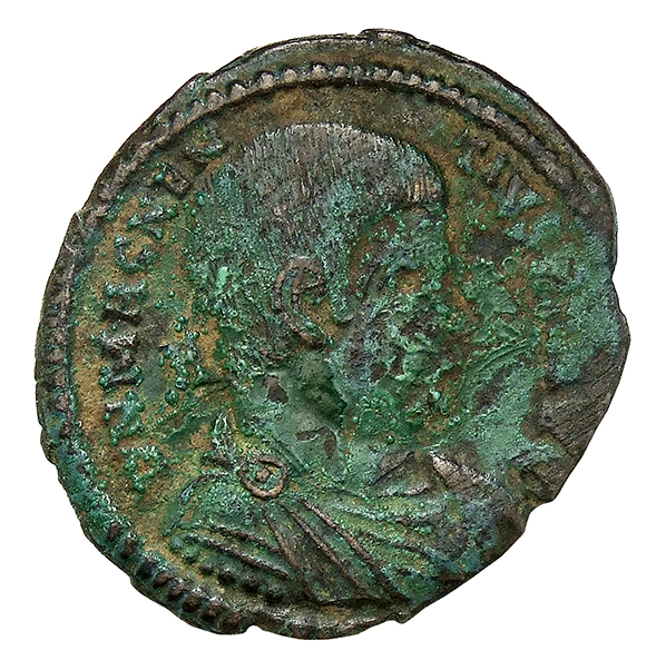 RIC VIII Lugdunum 136 Magnentius obverse, Bust of Magnentius, bareheaded, draped, cuirassed, right; A behind bust