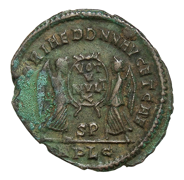 RIC VIII Lugdunum 136 Magnentius reverse, Two Victories, winged, draped, standing facing each other, holding between them ...