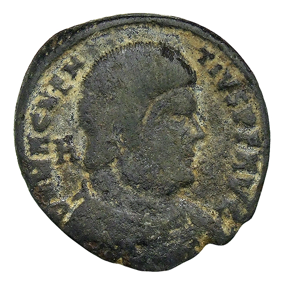 RIC VIII Lugdunum 145 Magnentius obverse, Bust of Magnentius, bareheaded, draped, cuirassed, right; A behind bust