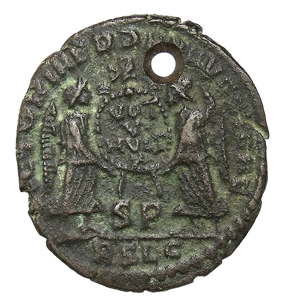 RIC VIII Lugdunum 146 Magnentius reverse, Two Victories, winged, draped, standing facing each other, holding between them ...