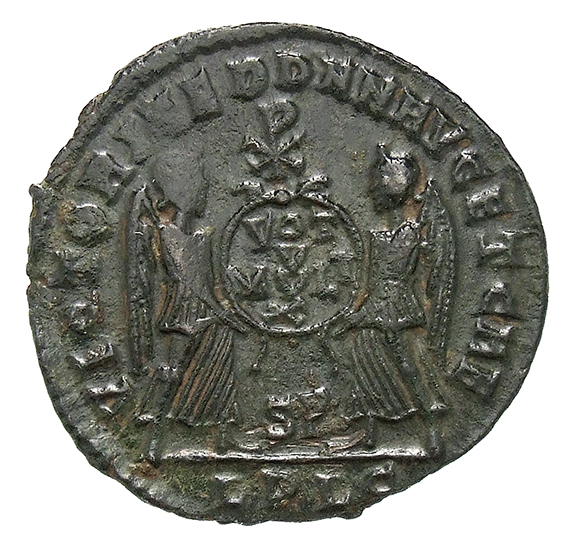 RIC VIII Lugdunum 147 Magnentius reverse, Two Victories, winged, draped, standing facing each other, holding between them ...