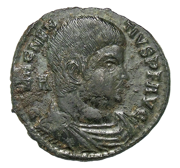RIC VIII Lugdunum 147 Magnentius obverse, Bust of Magnentius, bareheaded, draped, cuirassed, right; A behind bust