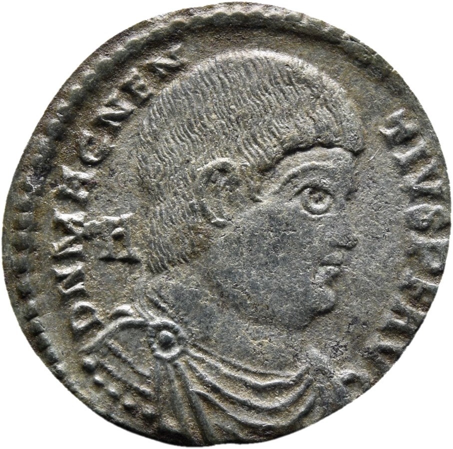 RIC VIII Lugdunum 151 Magnentius obverse, Bust of Magnentius, bareheaded, draped, cuirassed, right; A behind bust