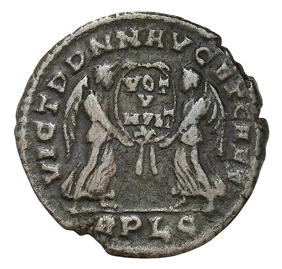 RIC VIII Lugdunum 151 Magnentius reverse, Two Victories, winged, draped, standing facing each other, holding between them ...