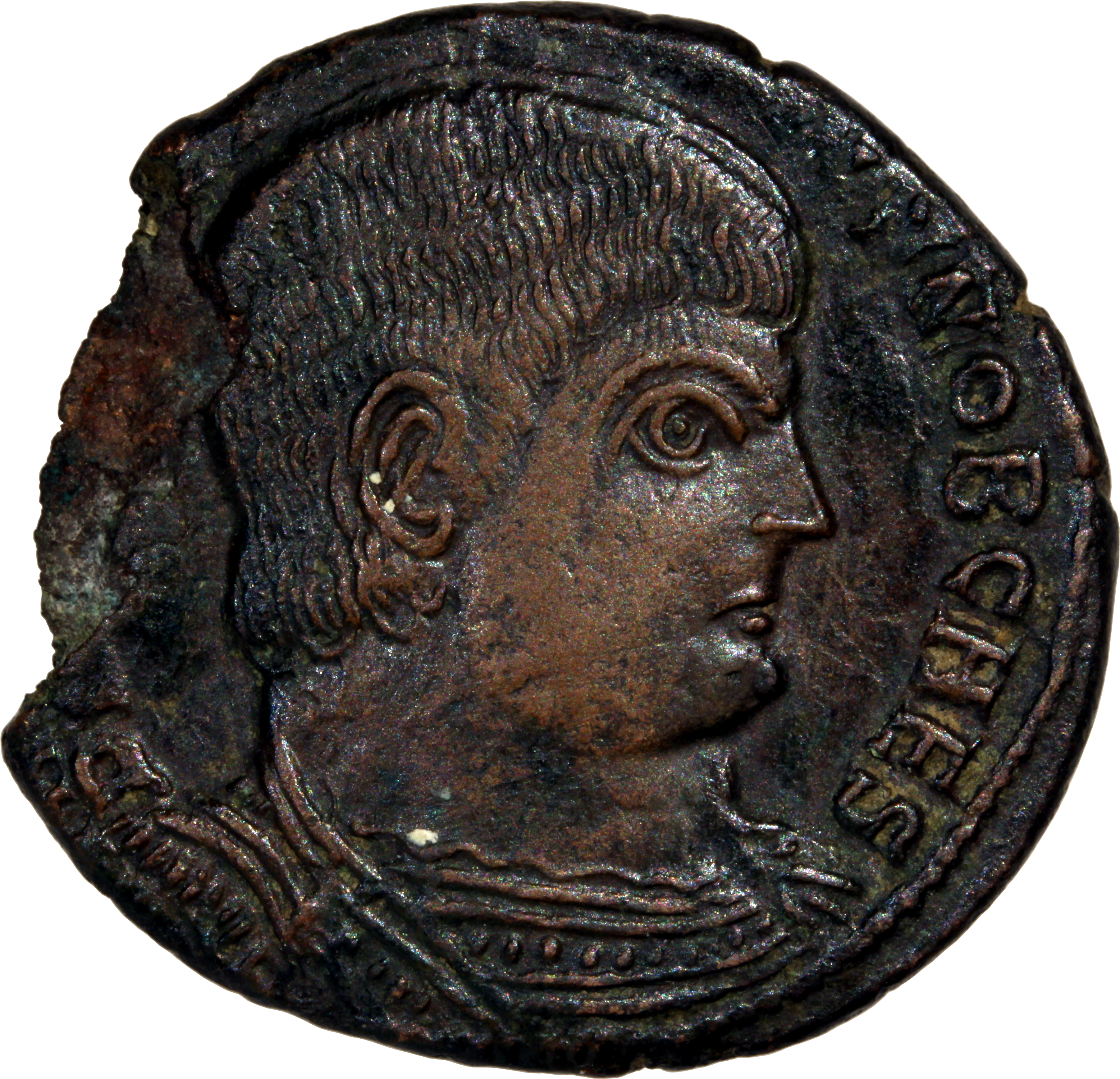 RIC VIII Lugdunum 155 Magnentius obverse, Bust of Decentius, bareheaded, cuirassed, right