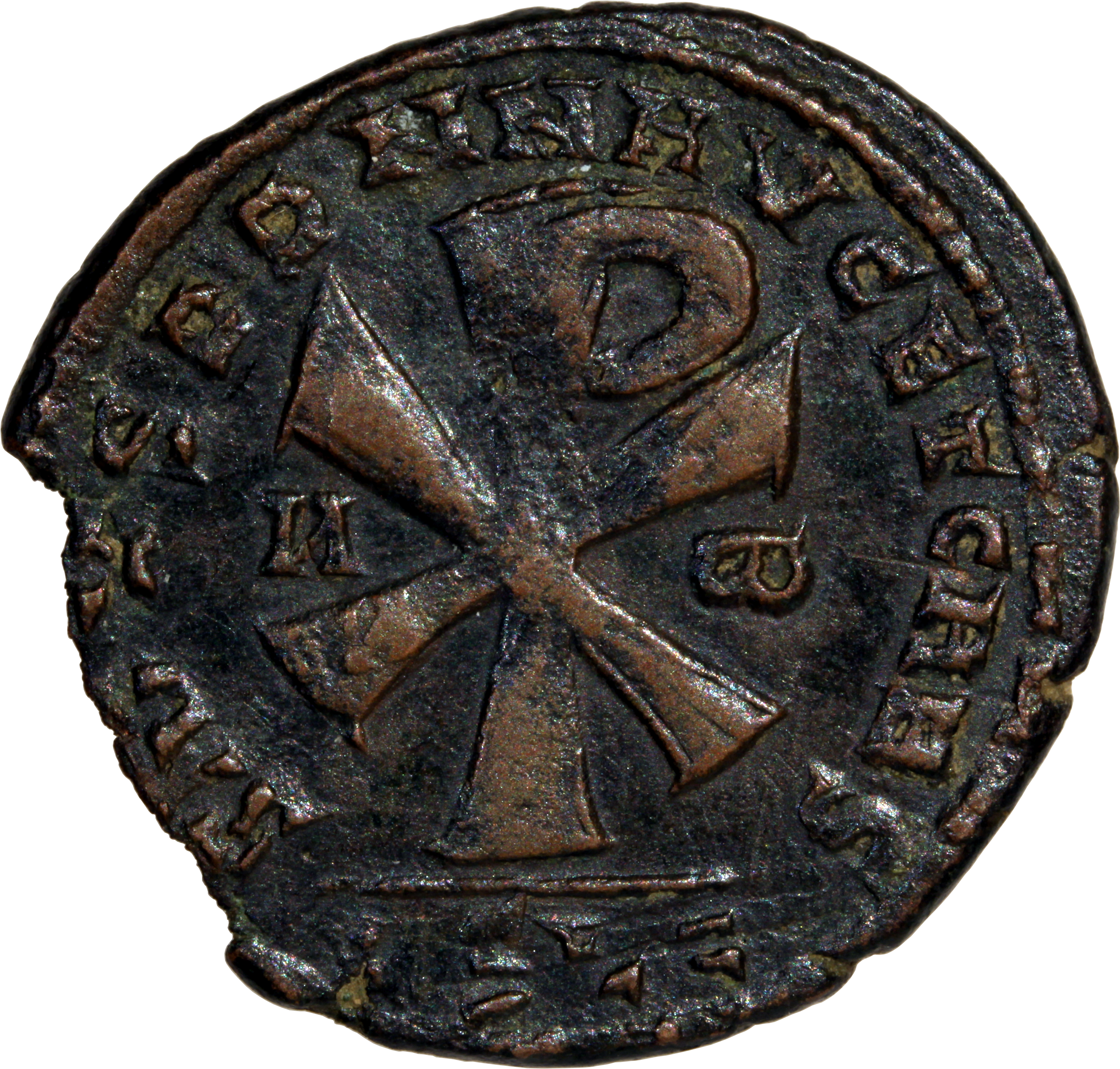 RIC VIII Lugdunum 155 Magnentius reverse, ☧ flanked by A and ω