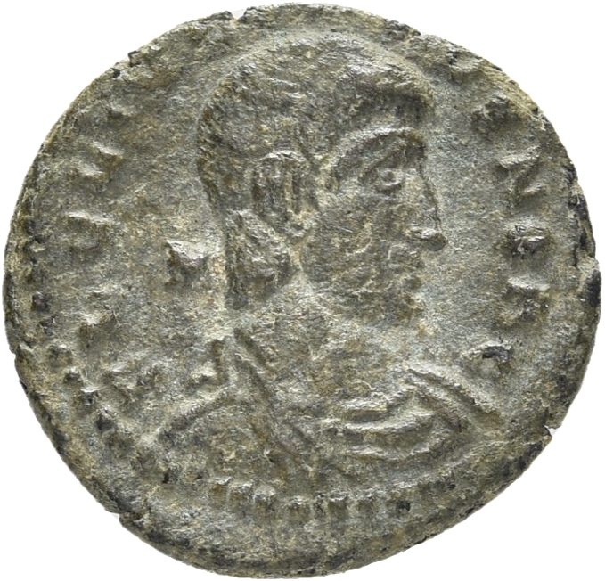 RIC VIII Lugdunum 199 Constantius II obverse, Bust of Julian, bareheaded, draped, cuirassed, right; M behind bust