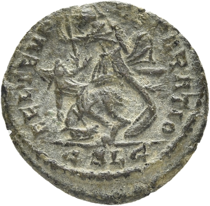 RIC VIII Lugdunum 199 Constantius II reverse, Soldier, helmeted, draped, cuirassed, advancing left, spearing fallen horsem...