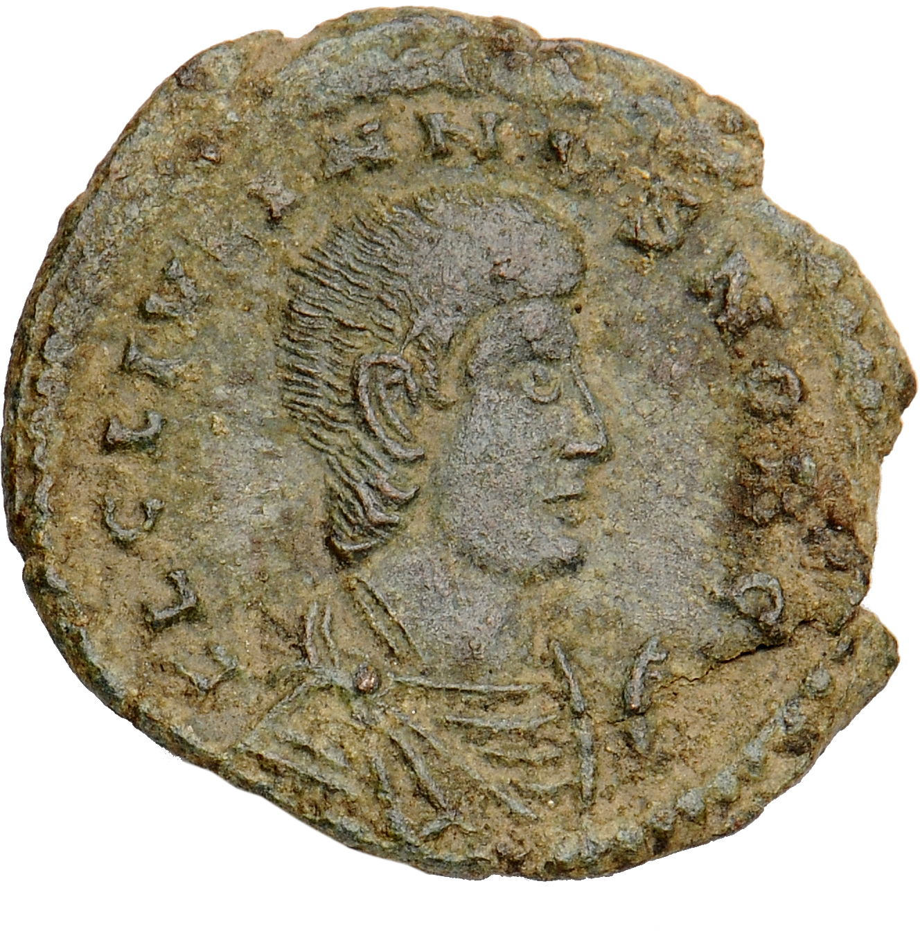RIC VIII Lugdunum 202 Constantius II obverse, Bust of Julian, bareheaded, draped, cuirassed, right; M behind bust