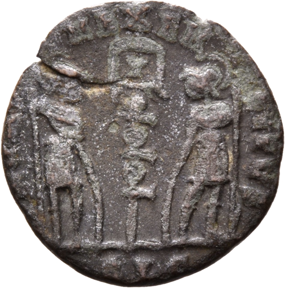 RIC VIII Lugdunum 22 Constantine II reverse, Two soldiers, helmeted, draped, cuirassed, facing front, heads toward each ot...