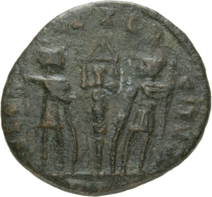 RIC VIII Lugdunum 24 Constantine II reverse, Two soldiers, helmeted, draped, cuirassed, facing front, heads toward each ot...
