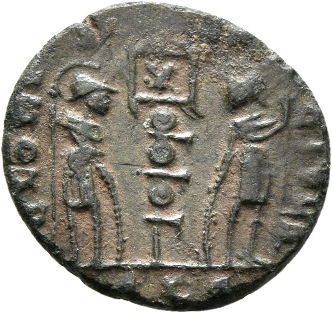 RIC VIII Lugdunum 24 Constantine II reverse — Two soldiers, helmeted, draped, cuirassed, facing front, heads toward each o...