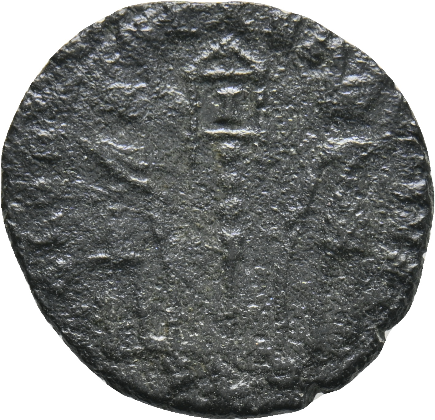 RIC VIII Lugdunum 28 Constantine II reverse, Two soldiers, helmeted, draped, cuirassed, facing front, heads toward each ot...
