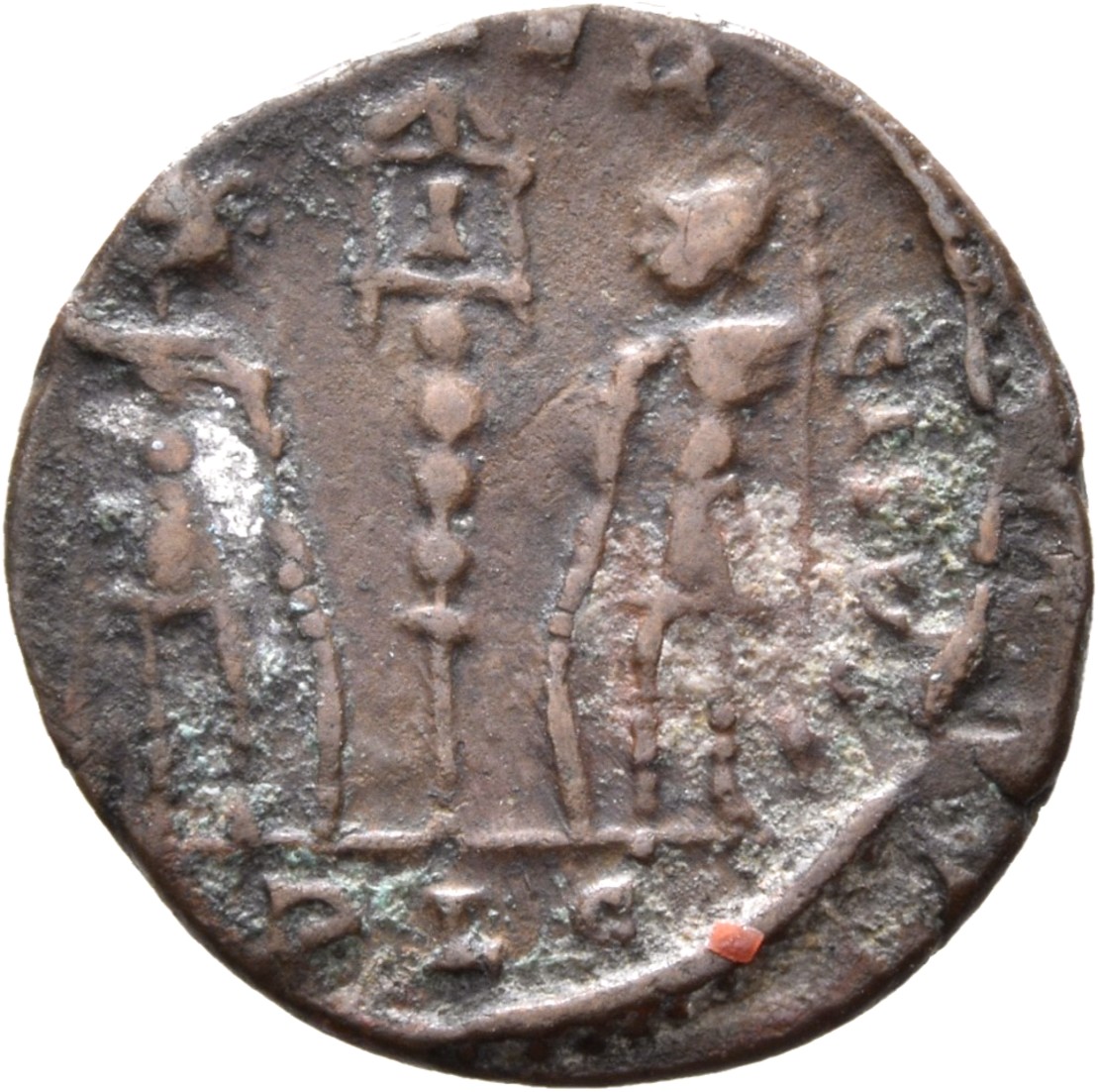RIC VIII Lugdunum 29 Constantine II reverse, Two soldiers, helmeted, draped, cuirassed, facing front, heads toward each ot...