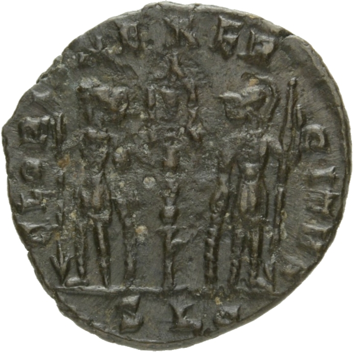 RIC VIII Lugdunum 30 Constantine II reverse, Two soldiers, helmeted, draped, cuirassed, facing front, heads toward each ot...