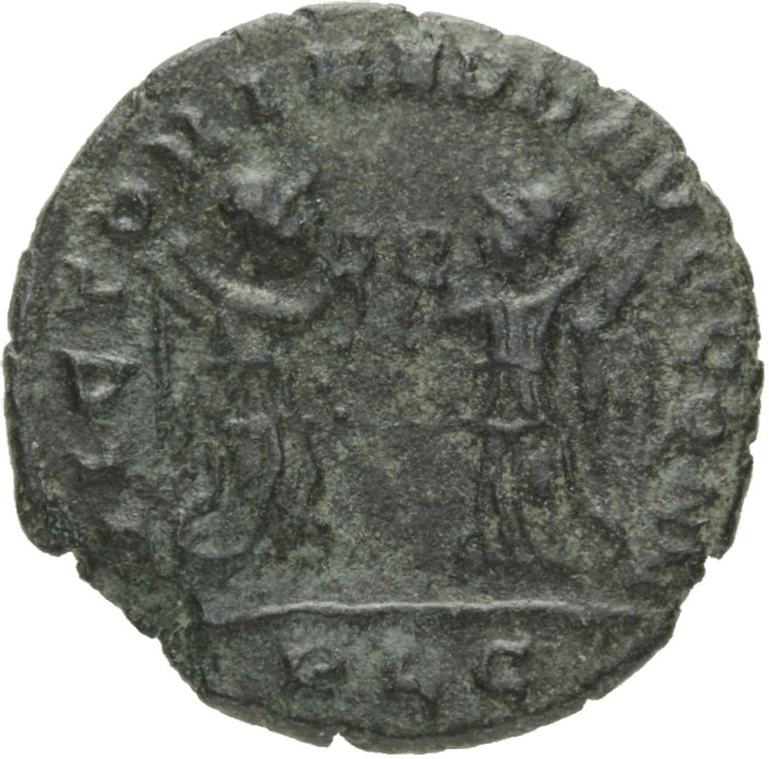 RIC VIII Lugdunum 38 Constans reverse, Two Victories, winged, draped, standing facing each other, each holding wreath in r...
