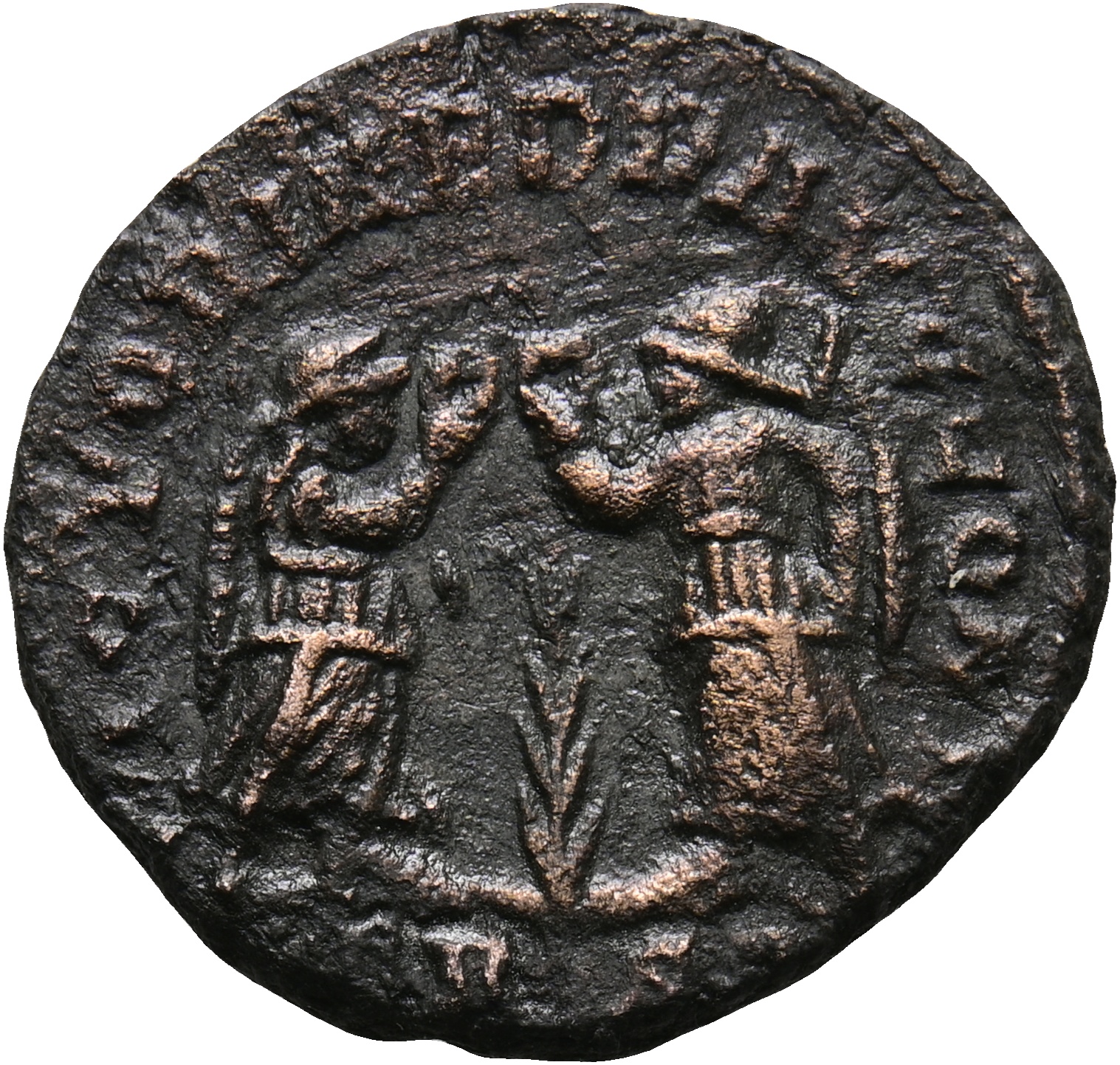 RIC VIII Lugdunum 67 Constans reverse, Two Victories, winged, draped, standing facing each other, each holding wreath in r...