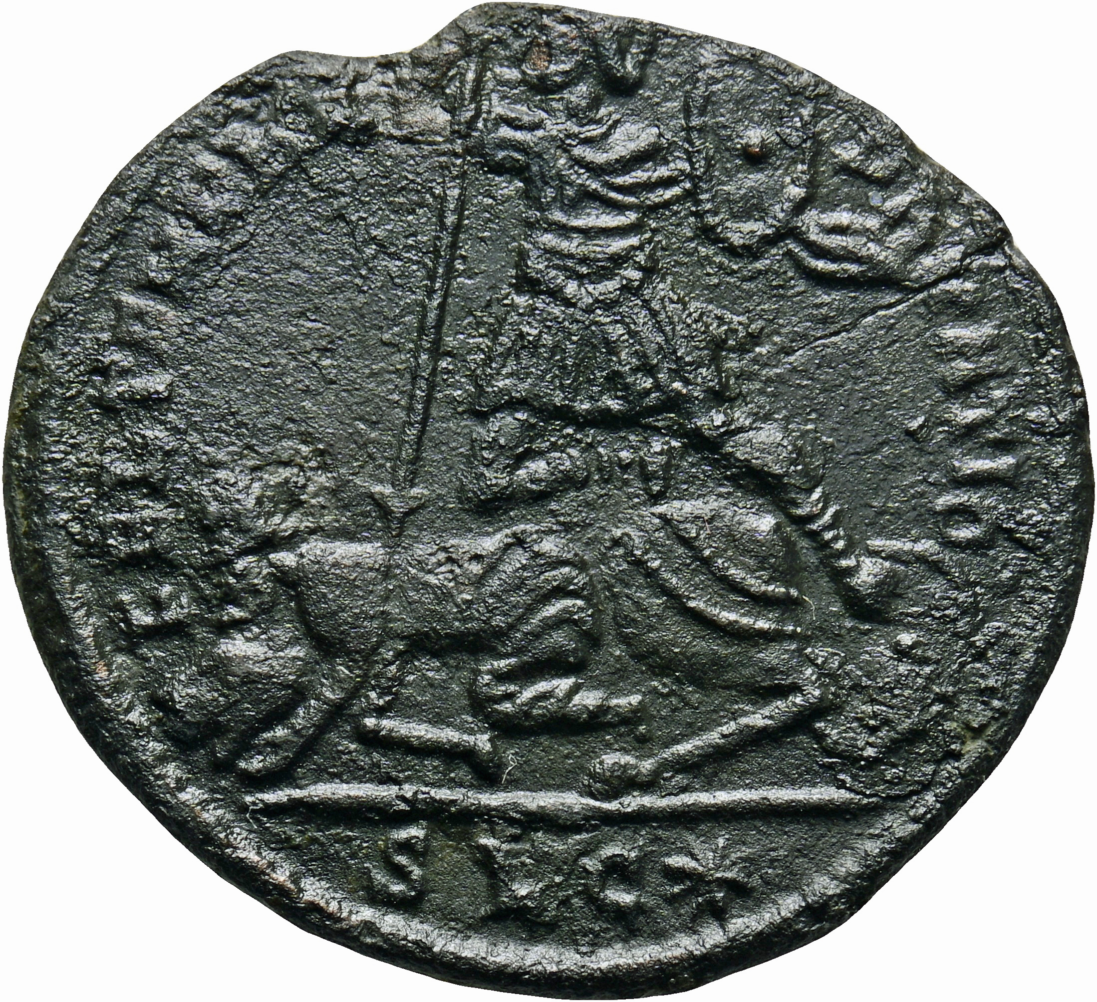 RIC VIII Lugdunum 79 Constans reverse, Soldier, helmeted, draped, cuirassed, advancing left, spearing fallen horseman with...