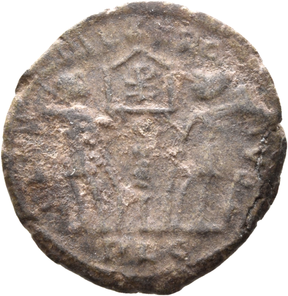 RIC VIII Lugdunum 8 Constantine II reverse, Two soldiers, helmeted, draped, cuirassed, facing front, heads toward each oth...