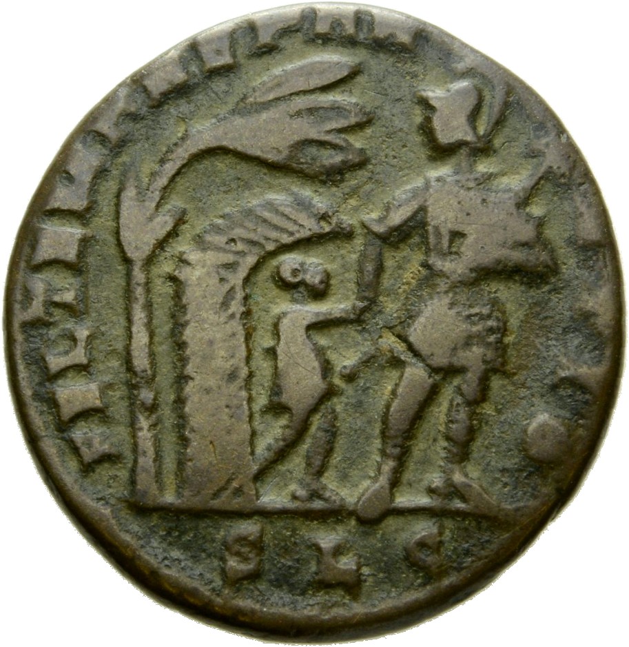 RIC VIII Lugdunum 84 Constans reverse, Soldier, helmeted, draped, cuirassed, advancing right, head left, leading small bar...