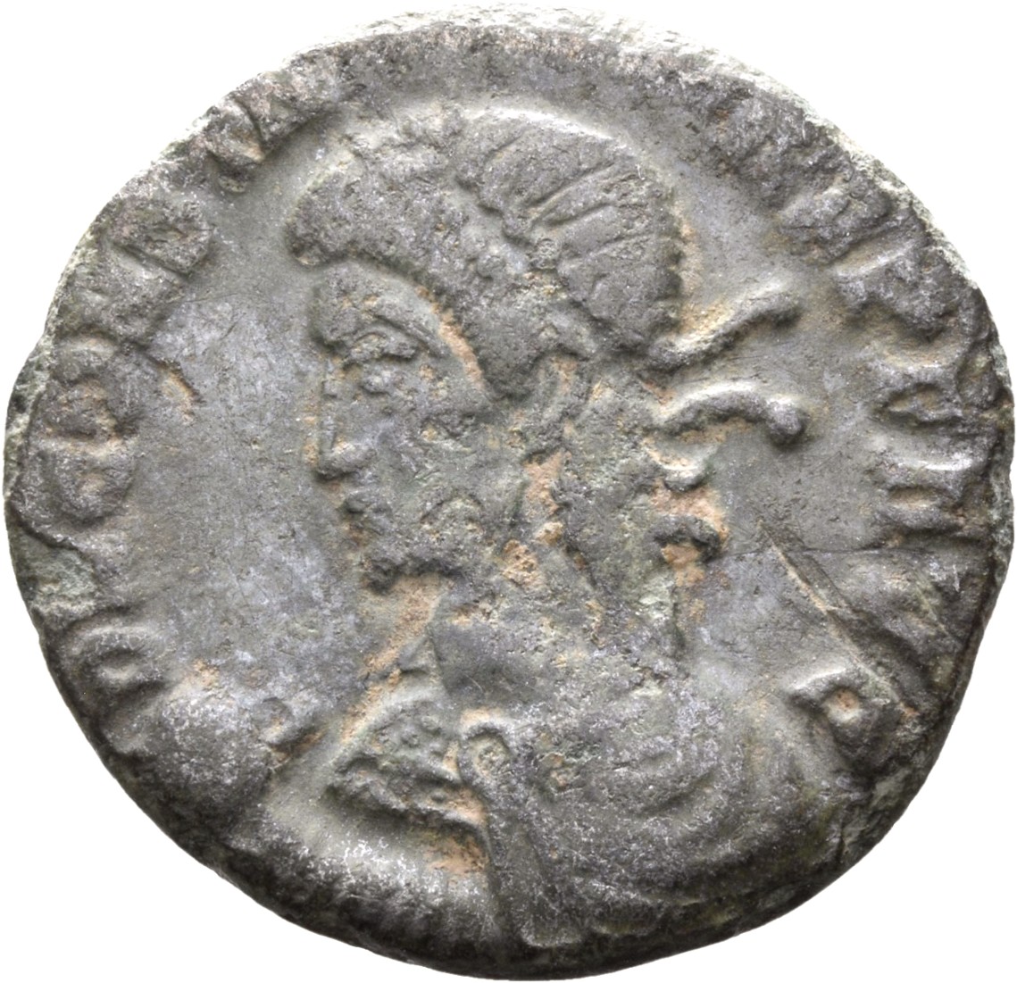 RIC VIII Lugdunum 84 Constans obverse — Bust of Constans, pearl-diademed, draped, cuirassed, left, holding globe in right ...