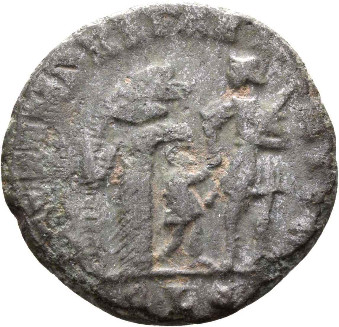 RIC VIII Lugdunum 84 Constans reverse — Soldier, helmeted, draped, cuirassed, advancing right, head left, leading small ba...