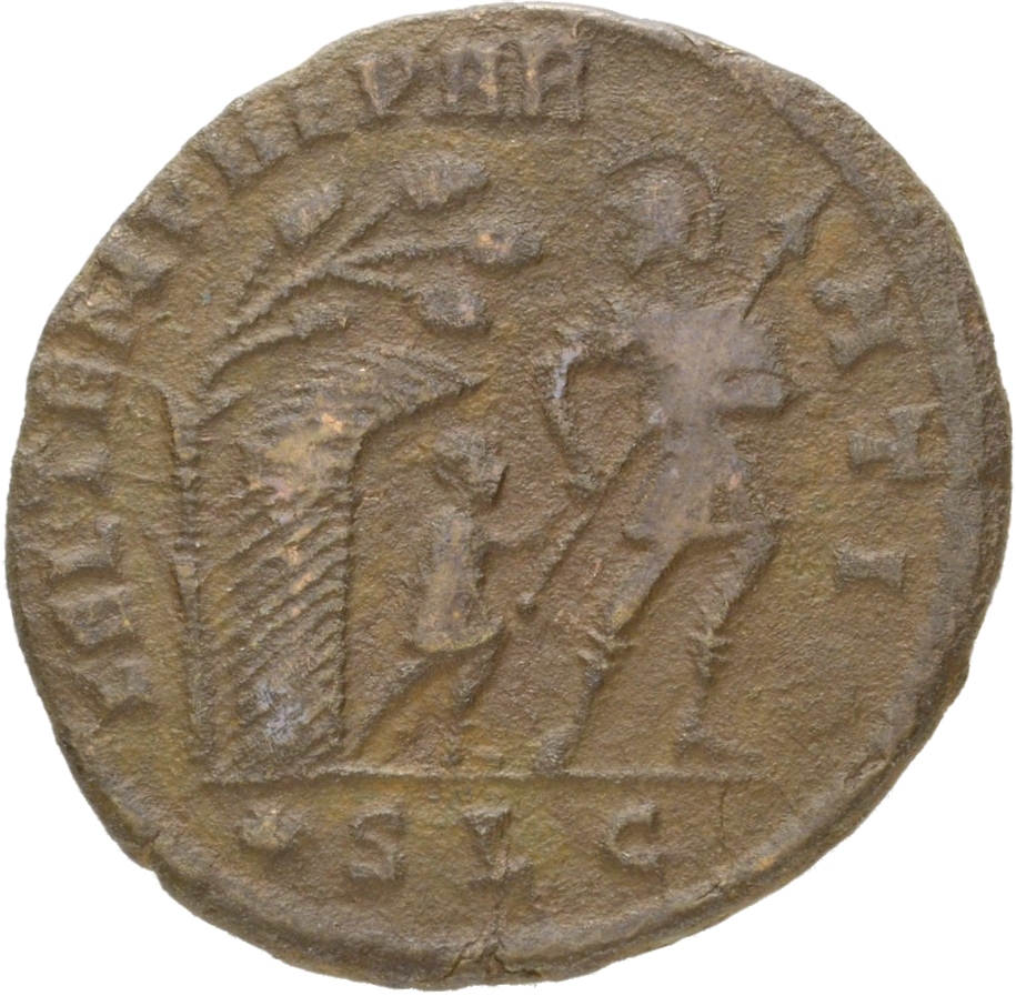 RIC VIII Lugdunum 85 Constans reverse, Soldier, helmeted, draped, cuirassed, advancing right, head left, leading small bar...
