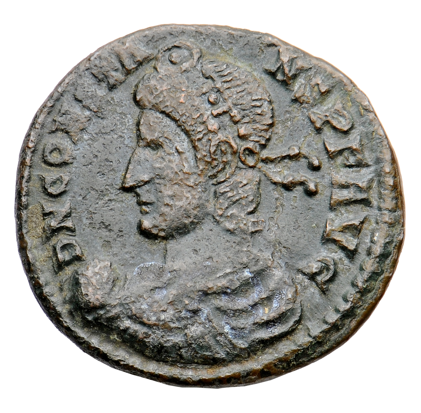 RIC VIII Lugdunum 85 Constans obverse — Bust of Constans, rosette-diademed, draped, cuirassed, left, holding globe in righ...