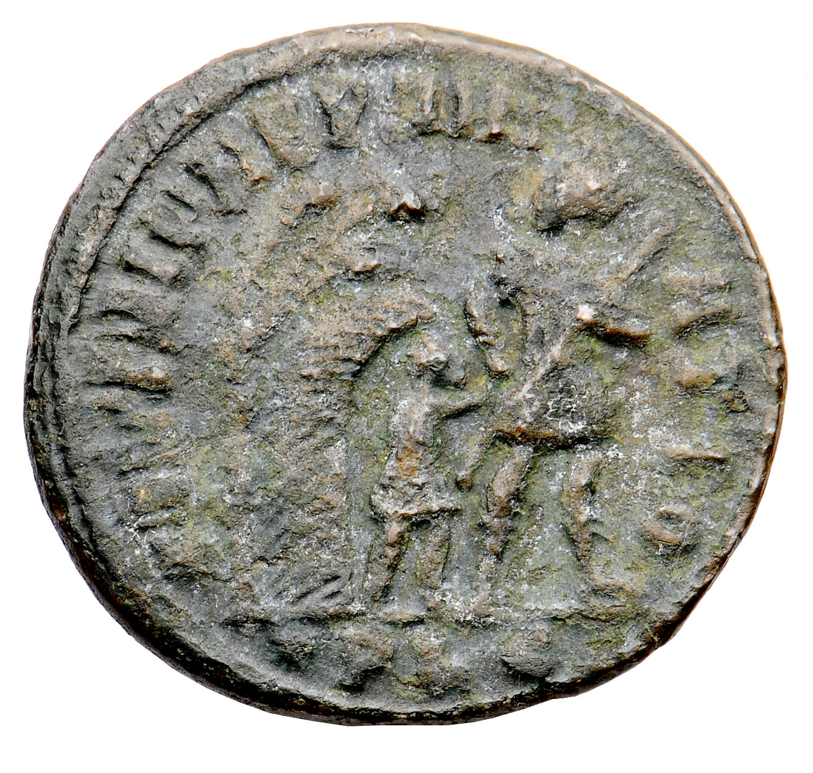 RIC VIII Lugdunum 85 Constans reverse — Soldier, helmeted, draped, cuirassed, advancing right, head left, leading small ba...