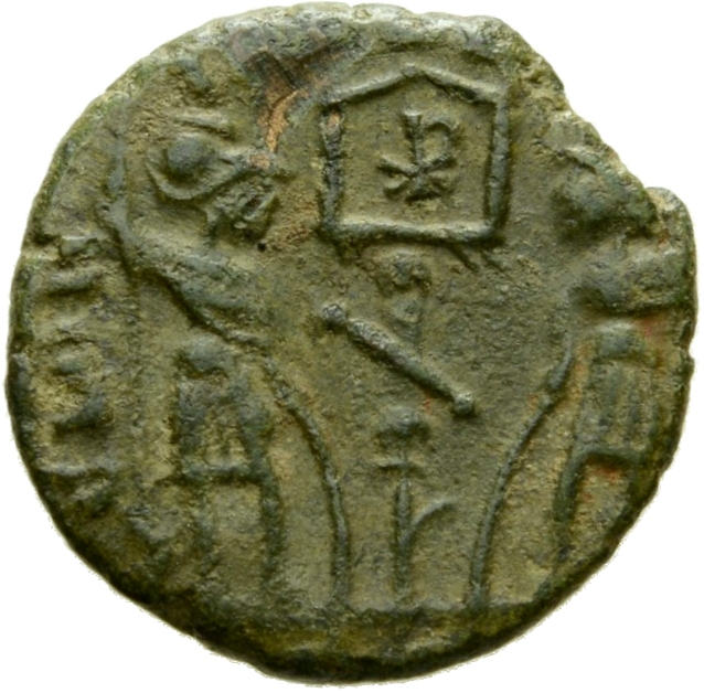 RIC VIII Lugdunum 9 Constantine II reverse, Two soldiers, helmeted, draped, cuirassed, facing front, heads toward each oth...