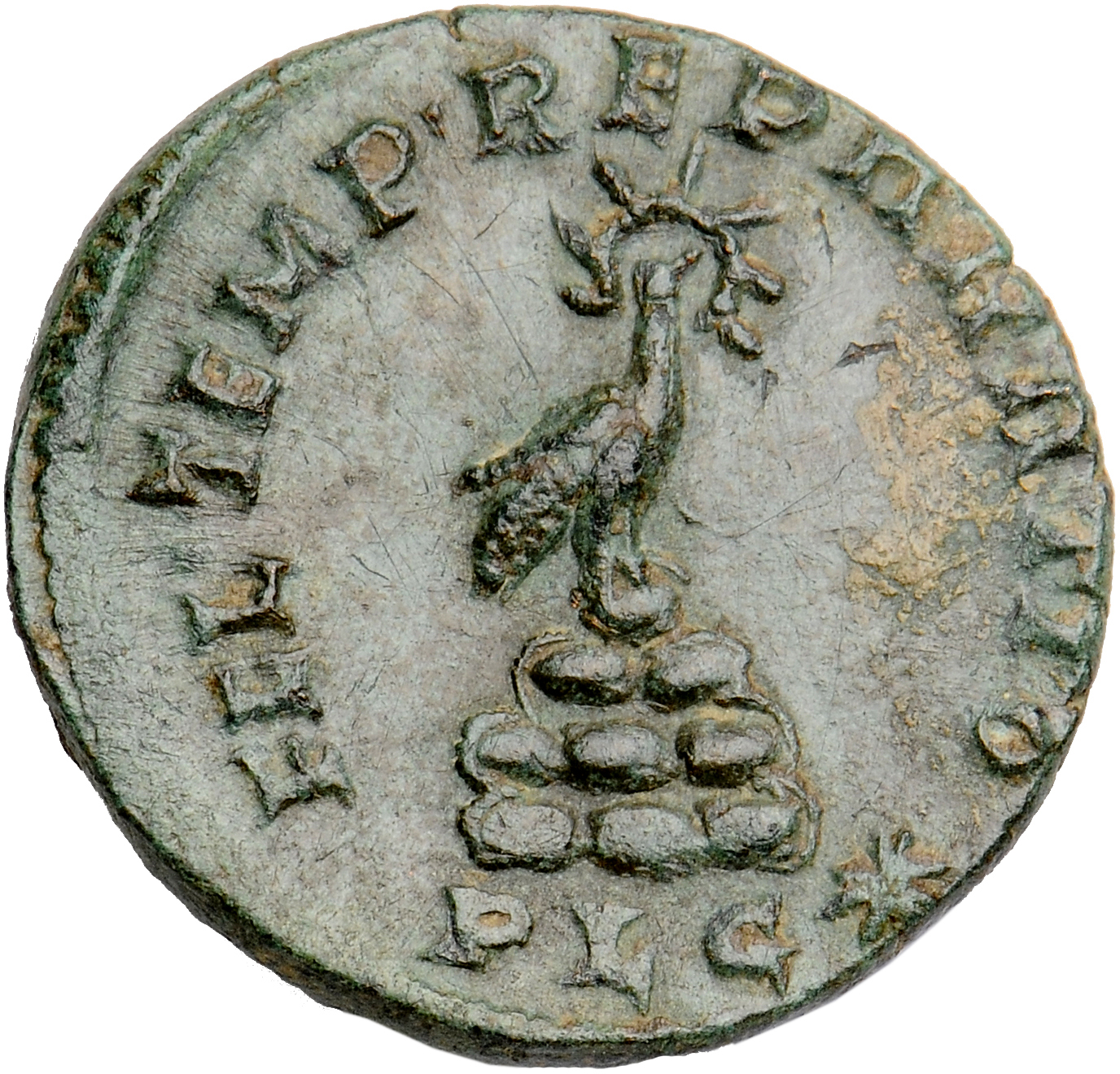 RIC VIII Lugdunum 91 Constans reverse, Phoenix, radiate, standing right on rocky mound